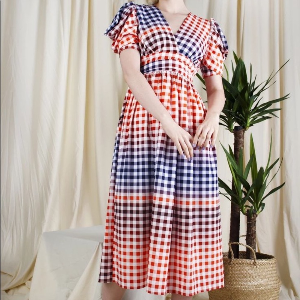 Alzang Store Orange Puff Sleeve Gingham Midi Dress